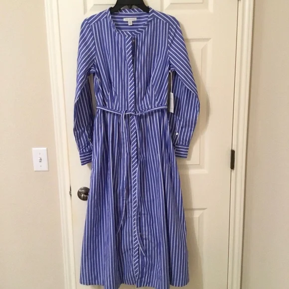 Free Assembly Pleated Cotton Midi Shirtdress Long Sleeves Blue Stripe Waist Tie - Picture 1 of 8